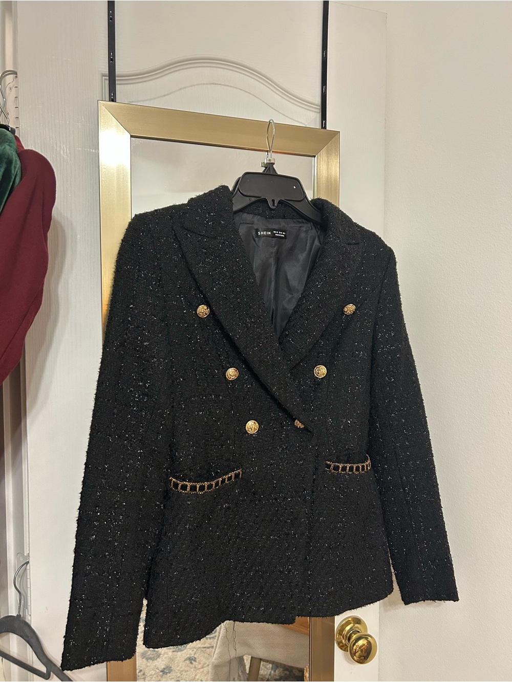 SHEIN - Black Tweed Double-Breasted Blazer w/ Gold Buttons and Pockets, Size XS